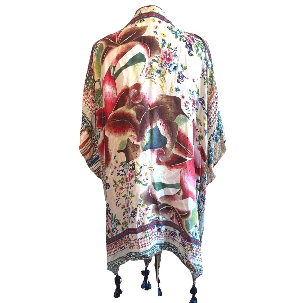 Johnny Was 100% Silk Floral Patchwork Tassel Kimono One Size Boho Luxe Cover